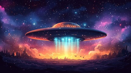 Wall Mural - A flying saucer colorful cartoon style high resolu  818 night, sky, star, space, light, clouds, landscape, sun, planet, blue, nature, moon, astronomy, water, sunset, cloud, earth, northern lights, aur