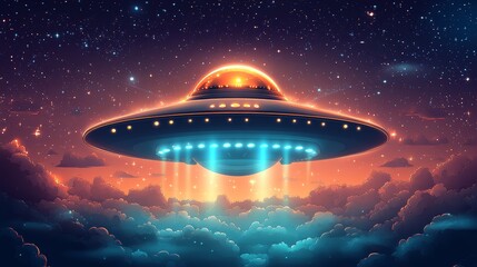 Wall Mural - A flying saucer colorful cartoon style high resolu  819 sky, night, landscape, space, star, light, nature, planet, blue, sun, clouds, moon, water, dark, cloud, earth, northern lights, aurora, astronom