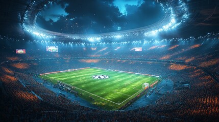 Wall Mural - A football match under the lights with the stadium  809 sky, blue, nature, cloud, sea, light, water, landscape, sun, clouds, abstract, night, ocean, aurora, summer, green, bright, day, star, horizon, 