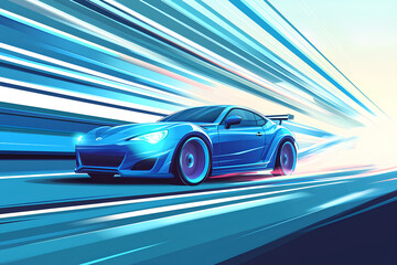 blue car at high speed along the highway blur movement speed, cartoon style, vector, 3d rendering