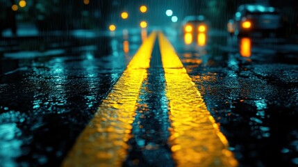 Wall Mural - Rainy night in the big city, the headlights of the approaching car. Close up view from the asphalt level,dividing line,by streetlights, reflections of city lights on rain-covered road,night time.