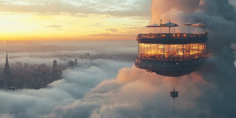 Wall Mural - A floating restaurant above a foggy city at sunset.