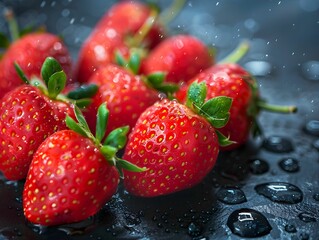 Wall Mural - Fresh strawberries splashing with water droplets on a dark surface, showcasing their vibrant color and freshness in a captivating close-up