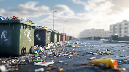 Wall Mural - 6. Detailed 3D render of an urban area with overflowing garbage bins and scattered waste, isolated on a smooth background