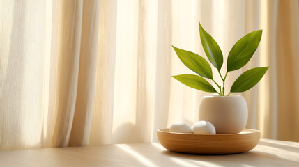 A stylish plant in a white pot on a wooden tray, surrounded by soft light and curtains, creating a serene indoor atmosphere.