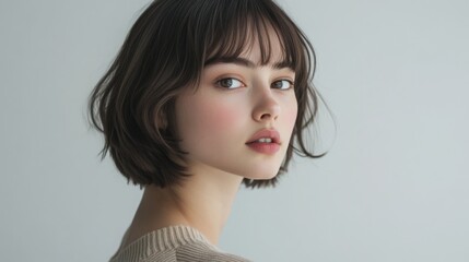 Poster - A young woman looks over her shoulder with a soft expression, showcasing her short hairstyle and delicate features.