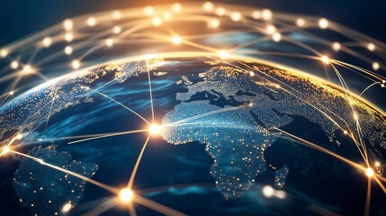 a glowing network of lines connecting cities around the world, symbolizing global connection and com
