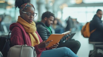 Two African American travelers are seated in an airport terminal, with one reading a book and the other using a device