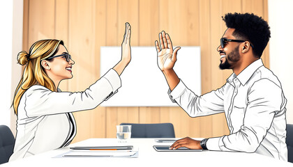 Two colleagues giving high five in meeting. Diverse business people celebrating success in boardroom isolated with white highlights, png