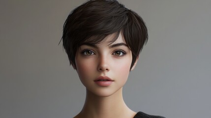 Aufkleber - A young woman with short dark hair gazes at the viewer with a neutral expression, set against a soft, blurred background.