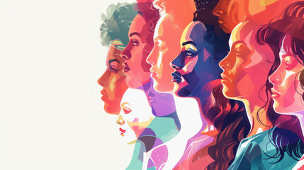 Closeup minimalist multiple diverse women's faces in profile vintage retro off center diversity pop art drawn illustration on white background center copy space female beauty style unity feminist