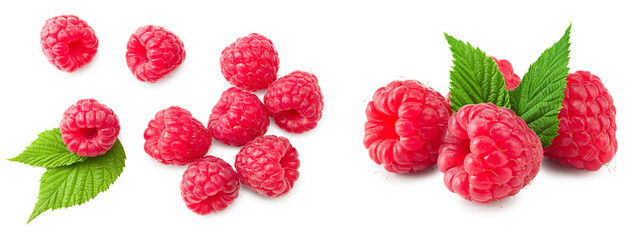 Wall Mural - ripe raspberry with green leaf isolated on white background. macro. clipping path