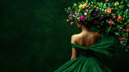 A woman in green dress with flowers in her hair stands gracefully against dark green background. Her expression is serene and elegant.