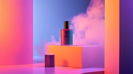 Poster - A beautifully staged perfume bottle stands on a geometric pedestal, surrounded by colorful lighting and soft smoke, creating a captivating atmosphere.