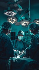 Poster - A group of dedicated surgeons collaborates in a sterile surgical theater, concentrating on a complex procedure under bright overhead lights, showcasing teamwork and precision