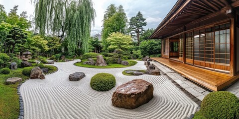 Canvas Print - Japanese garden with a rock path and wooden house.