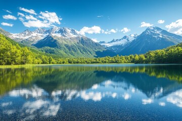 Wall Mural - Stunning mountain landscape with a clear lake reflecting the blue sky. Nature inspires peace and tranquility in this beautiful scene. Perfect for art and relaxation. Generative AI