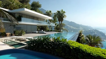 Poster - Luxury contemporary architecture house with pool at the top of a cliff with view to the ocean