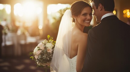 Bride and Groom Posing for Wedding Photo with Bouquet