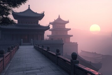 A closeup 3D render of an elegant ancient china city, minimalist style with subtle colors, soft lighting -