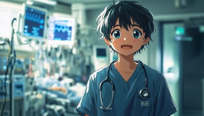 Surgeon in operating room at hospital. Medical health service and doctor staff, young doctor anime, doctor wearing green uniform