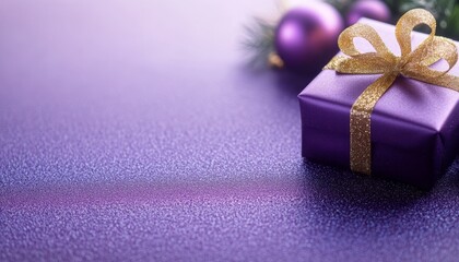 Wall Mural - purple christmas gift box with a golden ribbon on a shimmering surface, accompanied by ornaments. pe