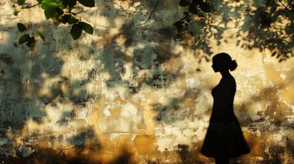 A woman's shadow dances on a textured wall, blending urban flair with serene afternoon light.