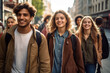 © Ruslan Gilmanshin - Happy young interracial students chatting with each other after class standing outside. Guy and girls wear casual clothes to study. Lifestyle concept, sincere emotions