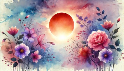 Wall Mural - A watercolor painting featuring a serene sunrise or sunset