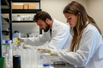 Poster - scientists conducting research in a laboratory during the daytime