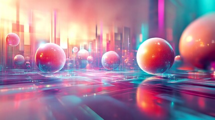 Wall Mural - A vibrant digital landscape filled with glowing spheres. The scene radiates colors and reflects futuristic designs.