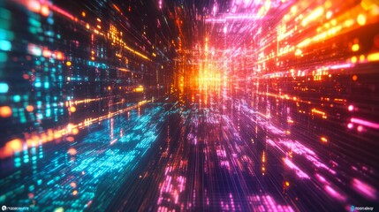 Poster - A vibrant digital landscape. This image captures a burst of colorful light beams and glowing particles. It evokes a sense of movement and energy. Ideal for tech and digital art themes. AI