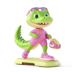 A cheerful cartoon crocodile character wearing pink attire and sunglasses, holding an object.