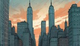 New York skycraper at sunset, USA.