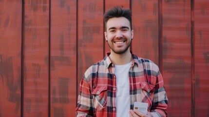 A cheerful young man beams with joy as he holds up a card, standing in front of a striking red wall. The day is bright, reflecting his animated expression