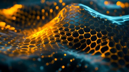 Fototapete - A vibrant abstract representation of a honeycomb structure. The image showcases dynamic waves with glowing edges and intricate patterns. Ideal for technology and design themes. AI