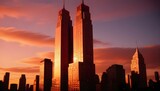 New York skycraper at sunset, USA.