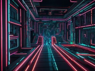 Poster - Futuristic sci-fi tunnel corridor with glowing neon lights