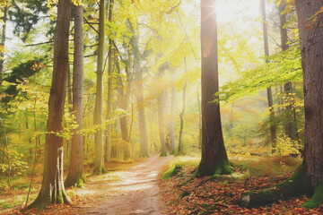 Wall Mural - Sunlit forest path with tall trees and golden autumn leaves, creating a serene and inviting atmosphere