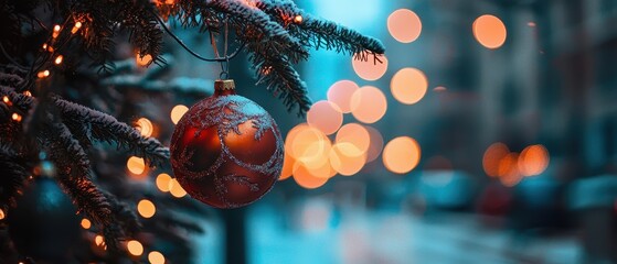 Wall Mural - A close-up of a festive Christmas ornament hanging on a snowy tree, with blurred city lights creating a warm holiday atmosphere.