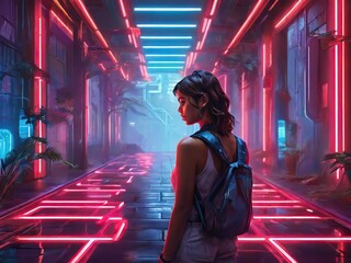 Poster - Futuristic corridor with neon lights and a young woman with a backpack