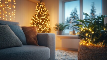 Cozy living room decorated for Christmas with a festive tree and glowing lights, creating a warm holiday atmosphere.