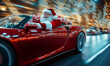 © Patrick - Santa Claus driving red sports car at night with Christmas gifts, blurred city lights background