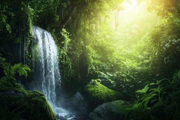 Wall Mural - A lush green rainforest with a waterfall cascading down moss-covered rocks, sunlight filtering through the dense canopy. 