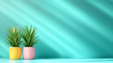 Canvas Print - Minimalist Green Plants in Yellow and Pink Pots on Teal Background