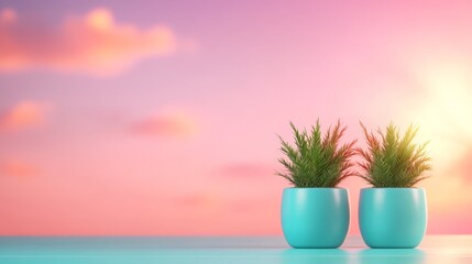 Two Green Plants in Blue Pots Against Pink Sunset Sky