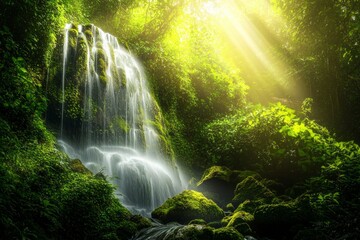 Wall Mural - A lush green rainforest with a waterfall cascading down moss-covered rocks, sunlight filtering through the dense canopy. 