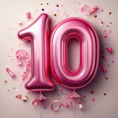 Wall Mural - Pink birthday / anniversary balloon, number 10, white background with confetti