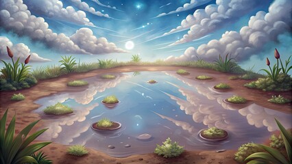 Wall Mural - The calm lake surface reflects the clear blue and cloudy sky.