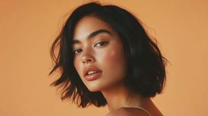 Poster - A young woman gazes confidently towards the camera with soft, natural makeup and tousled hair, set against a vibrant orange backdrop.